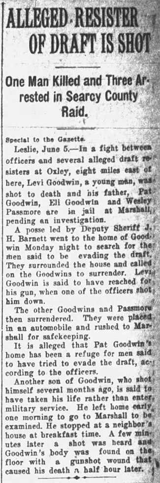 "Alleged resister of draft is shot" newspaper clipping