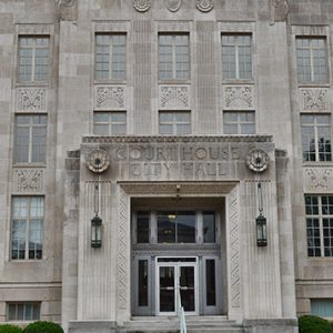 Close-up of court house building entrance with steps