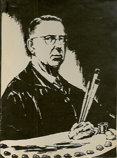 painting of white man with glasses holding paint brushes and palette board