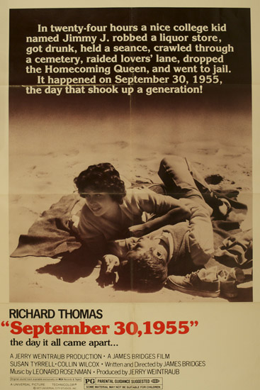 White man and woman lying on the ground with red white and black text explaining all the things that happened on September 30 "the day that shook up a generation"