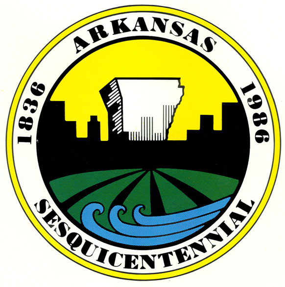 Round seal with "Arkansas Sesquicentennial 1836 1986" written in the outer circle and skyline with outline of Arkansas inside it