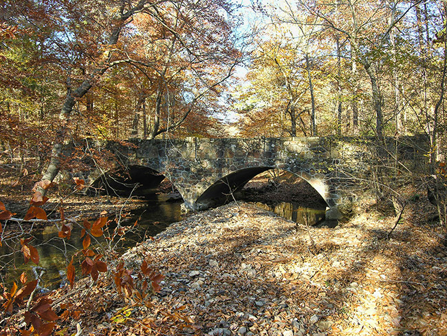 Side view of stone arch bridge over stream under autumn trees