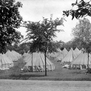 Rows of large tents in wooded field