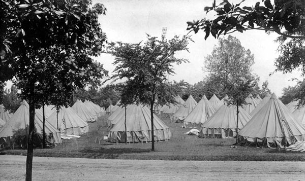 Rows of large tents in wooded field