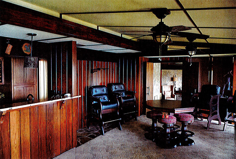 Leather chairs and table in room with bar and ceiling fan