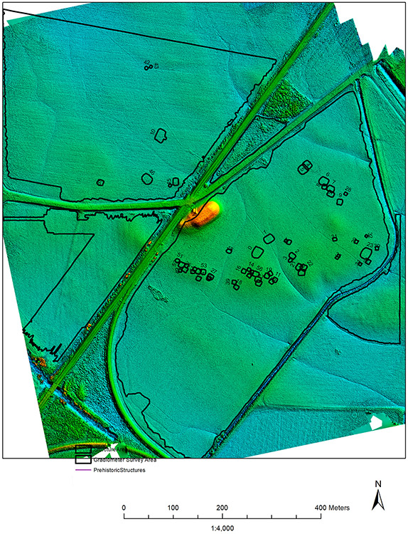 Digital map of mound site with structures drawn-in