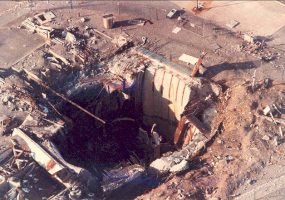 Exploded underground missile silo and debris as seen from above