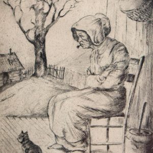 Cartoon of old woman sitting in chair with house and tree inside fence in the background