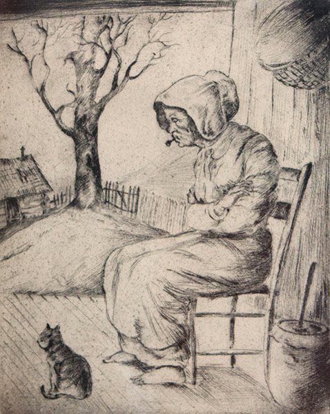 Cartoon of old woman sitting in chair with house and tree inside fence in the background