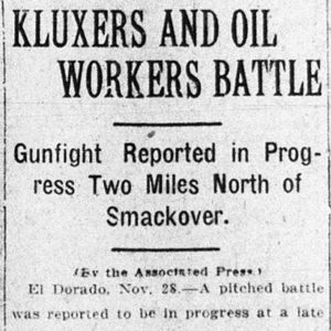 "Kluxers and oil workers battle" newspaper clipping