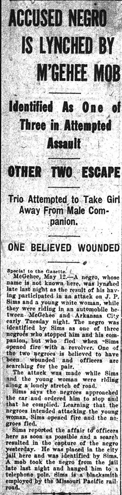 "Accused Negro is lynched by M'Gehee Mob" newspaper clipping