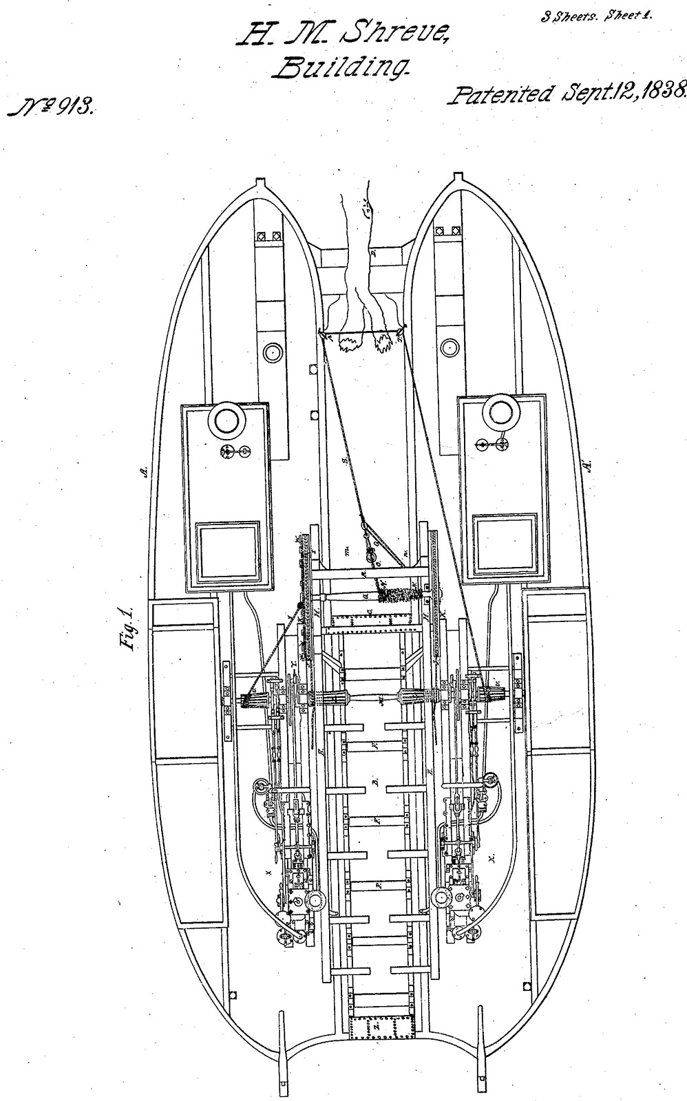 Drawing in black on white paper of Snag boat patent