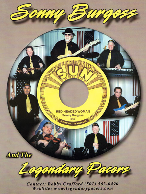 Flyer featuring "Sonny Burgess And The Legendary Pacers" single "Red Headed Woman" by Sun Records with contact information.