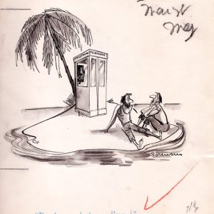 cartoon two men on a desert island with phone booth, caption "if only we had a dime"
