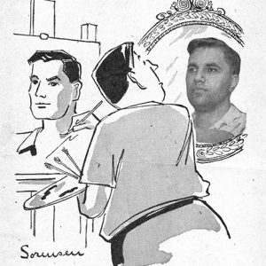 Cartoon of man painting a portrait of himself while looking in mirror at an image that looks like a photo rather than a drawing