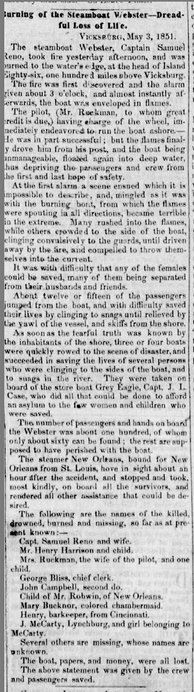 "Burning of the Steamboat Webster Dreadful Loss of Life" newspaper clipping