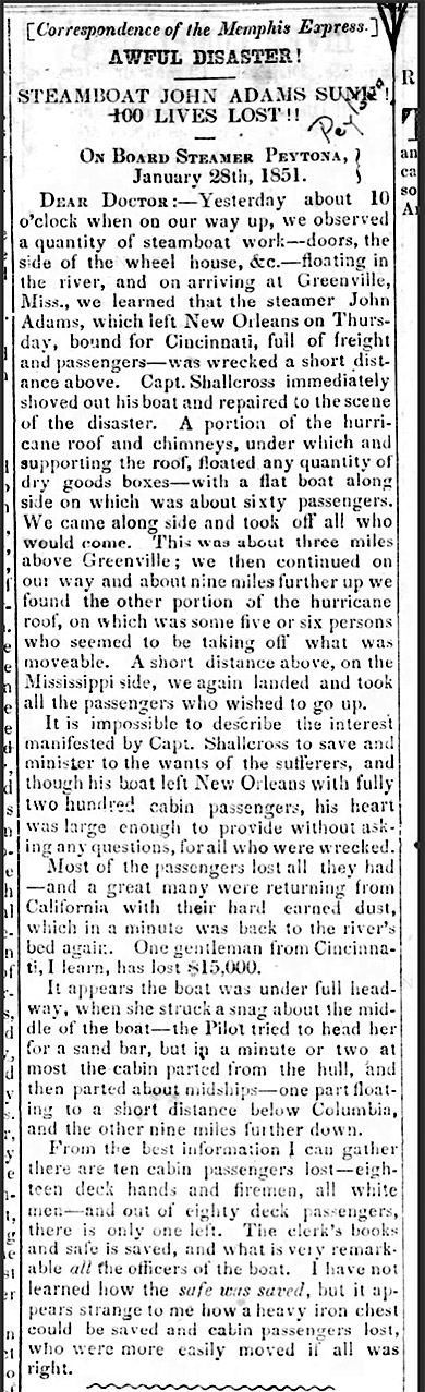 "Awful disaster! Steamboat John Adams sunk! 100 lives lost!" newspaper clipping