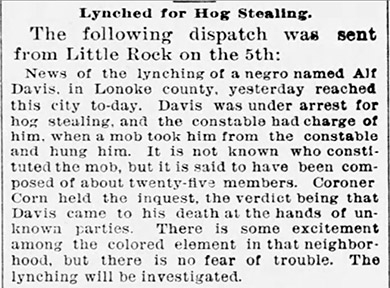 "Lynched for hog stealing" newspaper clipping