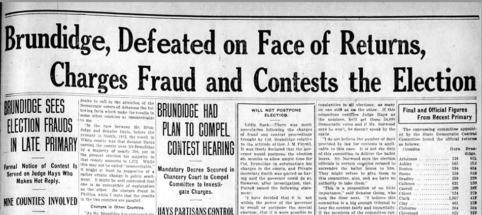 "Brundidge Defeated on Face of Return Charges Fraud and Contests the Election" newspaper clipping