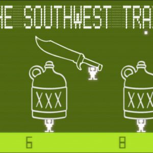 Two whiskey jugs and large knife on computer screen below "The Southwest Trail" text