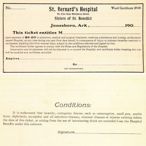 Unfilled nine dollar "Saint Bernards Hospital Ward Certificate" including date agreement expiration and signature