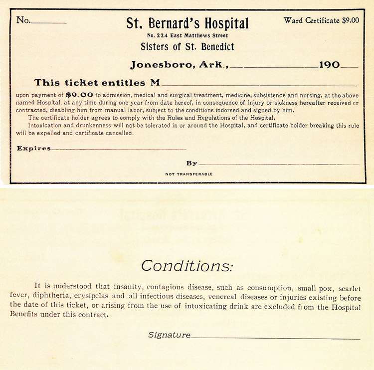 Unfilled nine dollar "Saint Bernards Hospital Ward Certificate" including date agreement expiration and signature