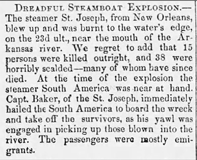"Dreadful steamboat explosion" newspaper clipping
