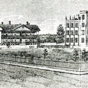 drawing of two multistory buildings surrounded by fenced-in lawn