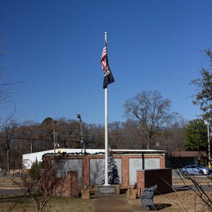 Flagpole partially surrounded by brick structure