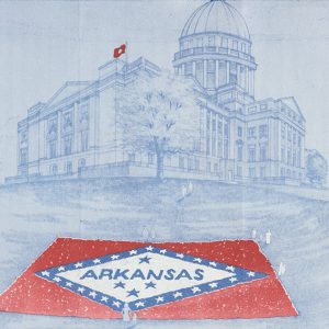 Multistory building with large dome and tree drawn in blue with people standing around Arkansas flag garden below it