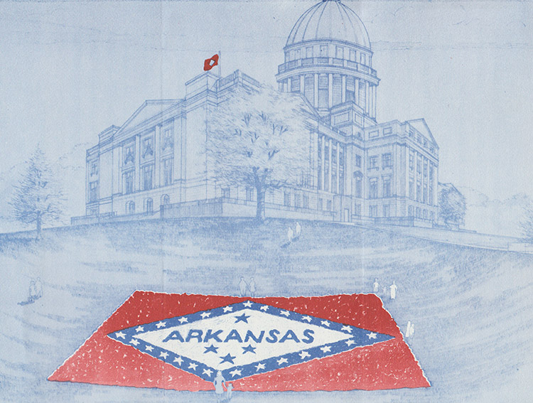 Multistory building with large dome and tree drawn in blue with people standing around Arkansas flag garden below it