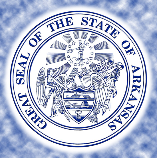 "Great seal of the state of Arkansas" with eagle holding shield and "Regnat Popluas" ribbon in beak with angel mercy on one side and sword of justice on other