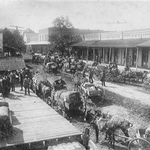 Horse drawn wagons loaded with cotton being unloaded on dirt road with brick storefronts