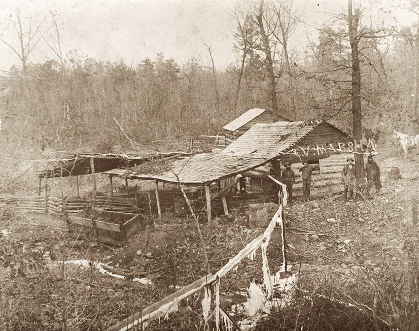 Four men and horse standing beside log cabin