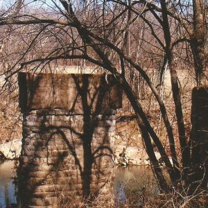 Stone bridge support columns in river in forested area