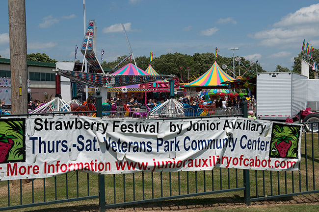 Carnival rides with fence and banner "Strawberry Festival"