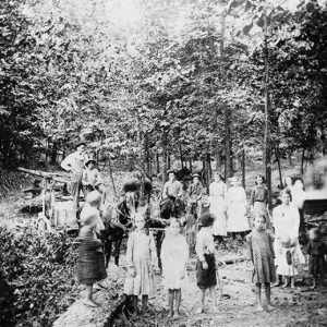Group of white men women and children with horse drawn wagon in wooded area