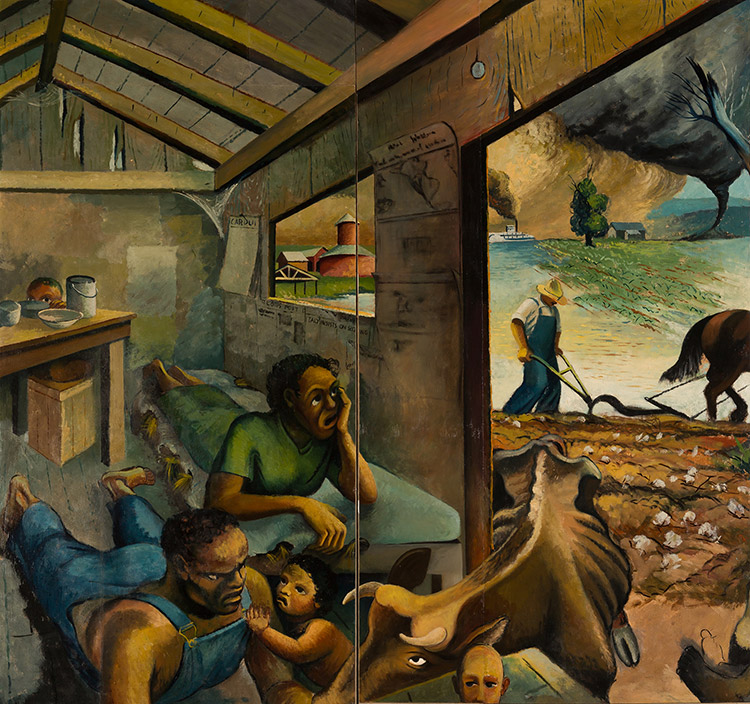 African-American man woman and children in house with farmer and animals outside