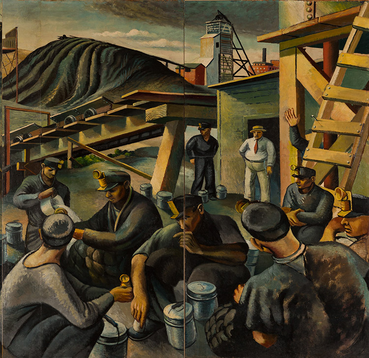 White coal miners gathered outside coal mine with building and tracks in the background