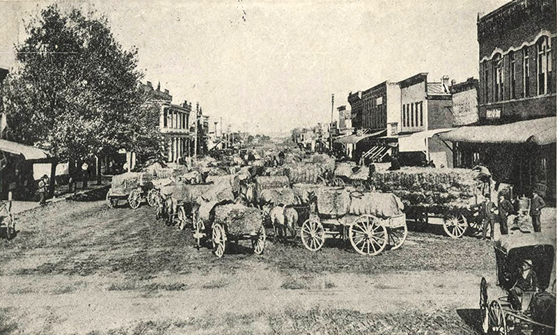 Group of horse drawn wagons loaded with bales on town street