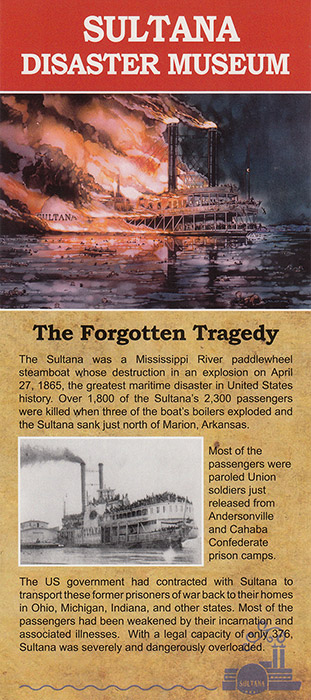 Burning steamboat on river on "Sultana Disaster Museum" brochure with "The Forgotten Tragedy" section