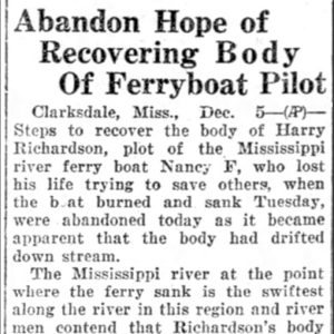 "Abandon Hope of Recovery of Body of Ferryboat Pilot" newspaper clipping