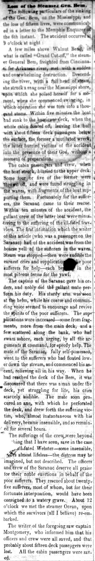 "Loss of the steamer General Bem" newspaper clipping