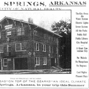 Three-story brick building in newspaper advertisement "Siloam Springs, Arkansas"
