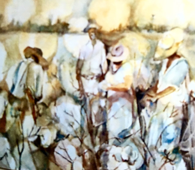 Painting of African-American men and women in hats and white clothes picking cotton