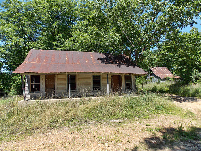 Single-Story house with covered porch and rusted metal roof with overgrown yard