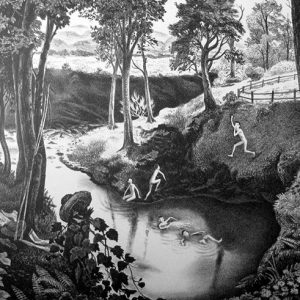 Black and white drawing of young white people swimming in a creek naked and jumping in surrounded by trees and plant life
