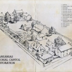 Architectural illustration for "Arkansas Territorial Capitol Restoration" city block with 13 numbered buildings