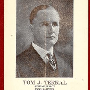 White man in suit and tie on announcement saying "Tom J. Terral secretary of state candidate for governor of Arkansas"