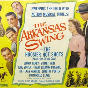 White men woman and horse on yellow background with blue and red text "The Arkansas Swing"